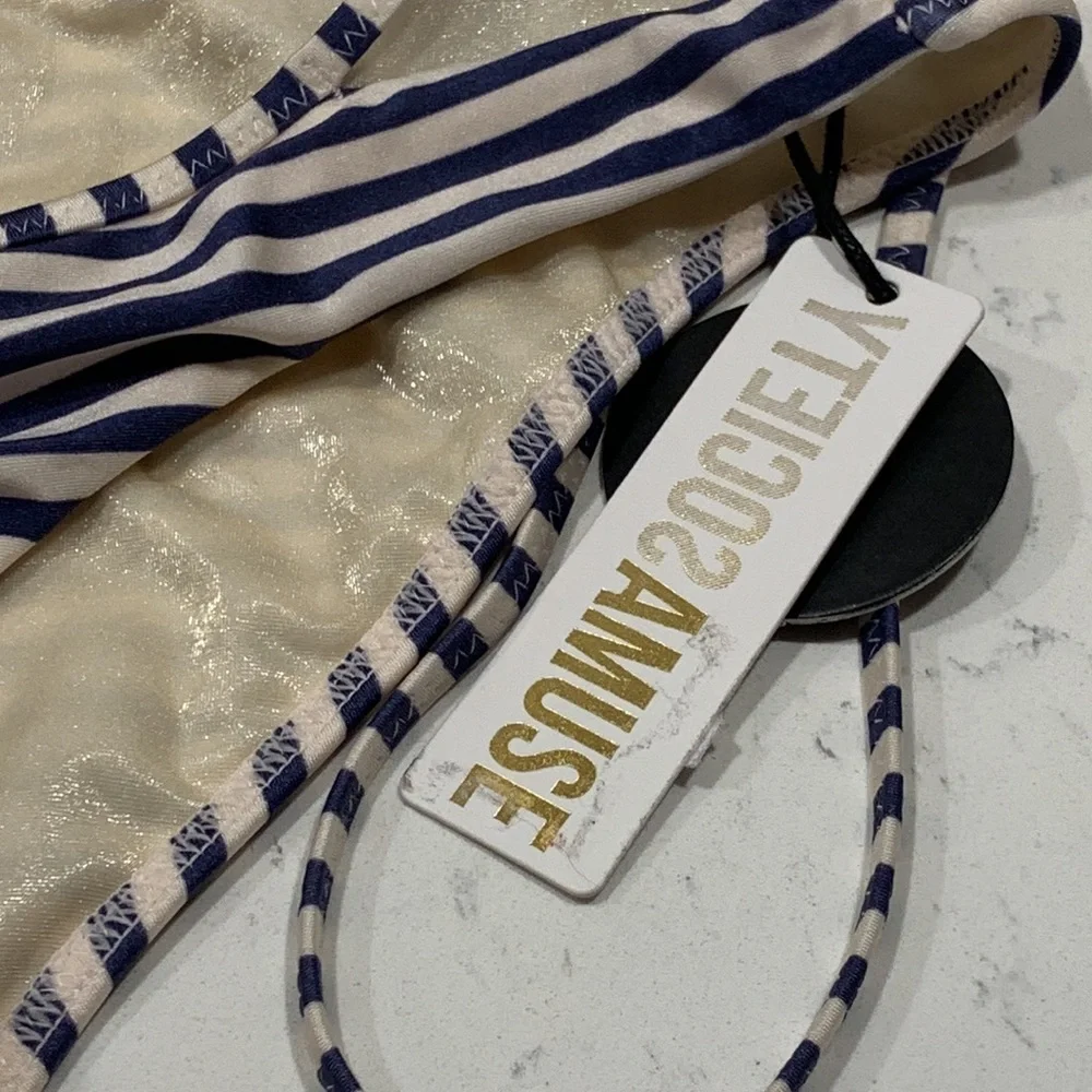 AMUSE SOCIETY Striped Bikini Bottom Large Blue Cream